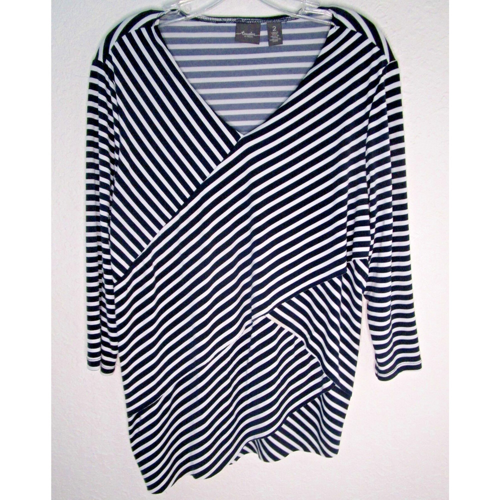 Chicos Travelers Size 2 Women's Lg Layered Shirt Black White Stripe Stretch